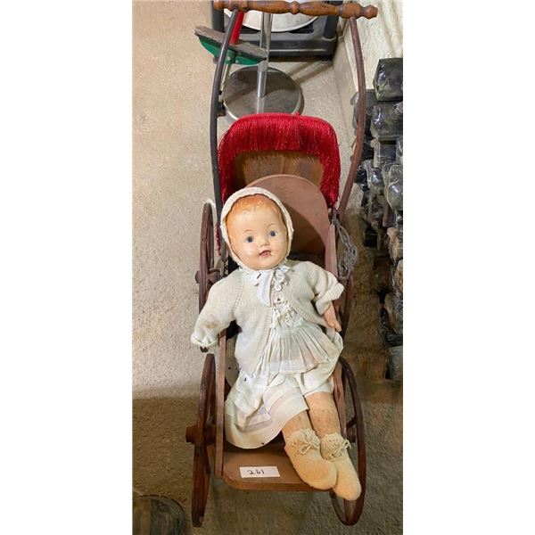 WOODEN BABY CARRIAGE WITH DOLL