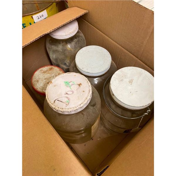 BOX LOT OF ASSORTED GLASS JARS WITH COVER