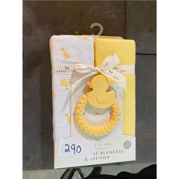 2 SWADDLE BLANKETS AND TEETHER