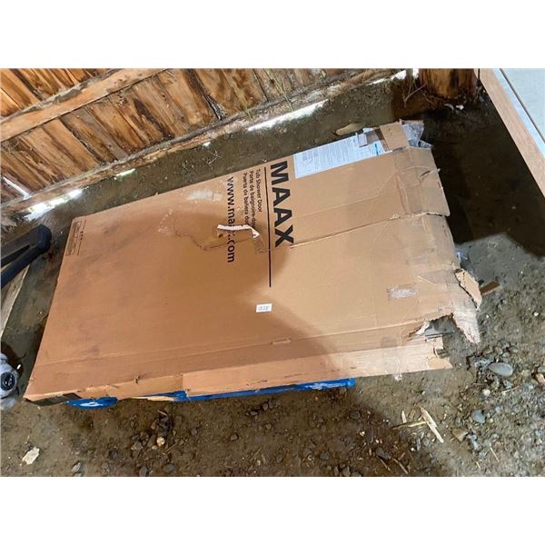 MAAX TUB SHOWER DOOR KIT - HAS PIECE ON CORNER CRACKED OFF AND MISSING SOME HARDWARE