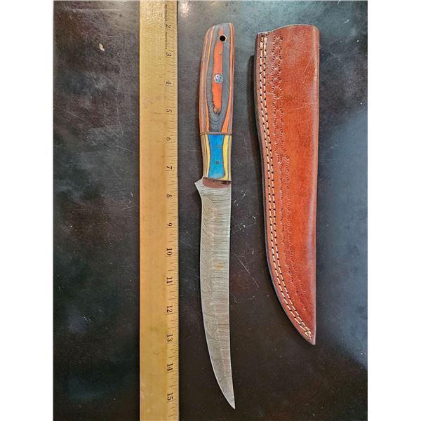 Hand Forged Damascus Steel Knife w/ Leather Sheath