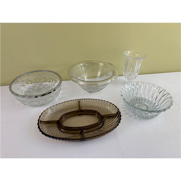 Various Crystal Serving Bowls with Vase and Brown Tray