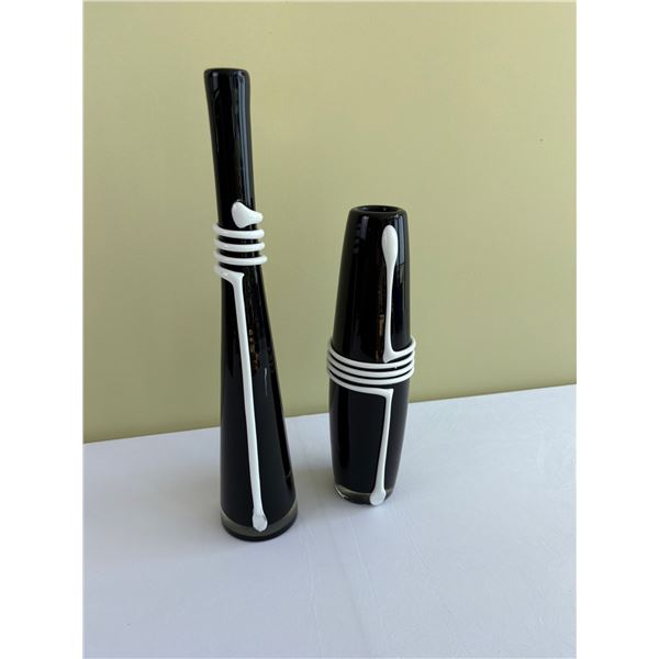 2 Black with White Decorative Vases