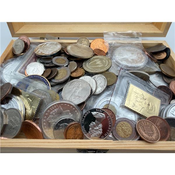 1 Lb. Mixed Assorted Coins out of a Wooden Box.