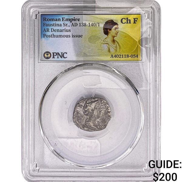 Roman Empire Faustina Sr. 138-141 AD Silver Denarius PNC Ch F