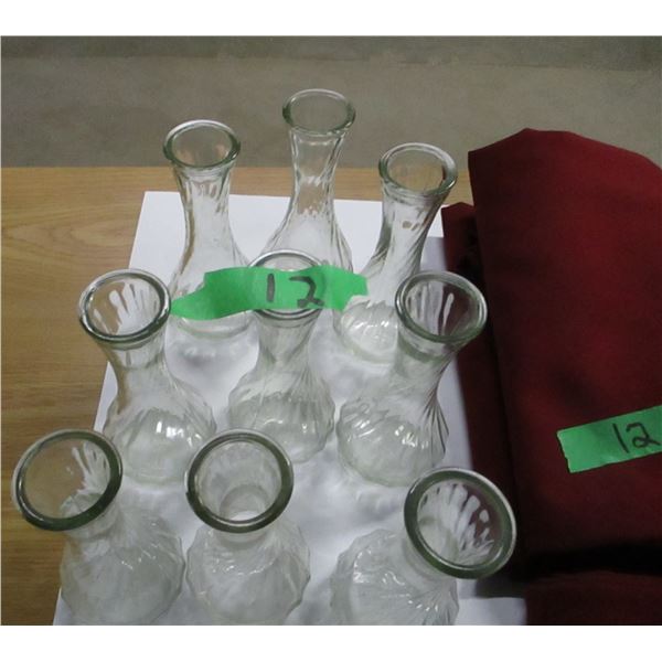 ESTATE:  4 - APPROX. 6' RED ROUND TABLE CLOTHS & 9 SMALL VASES