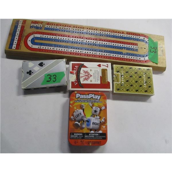 ESTATE:  BICYCLE BRAND CRIB BOARD, 3 DECKS USED CARDS & 1 GAME OF DICE