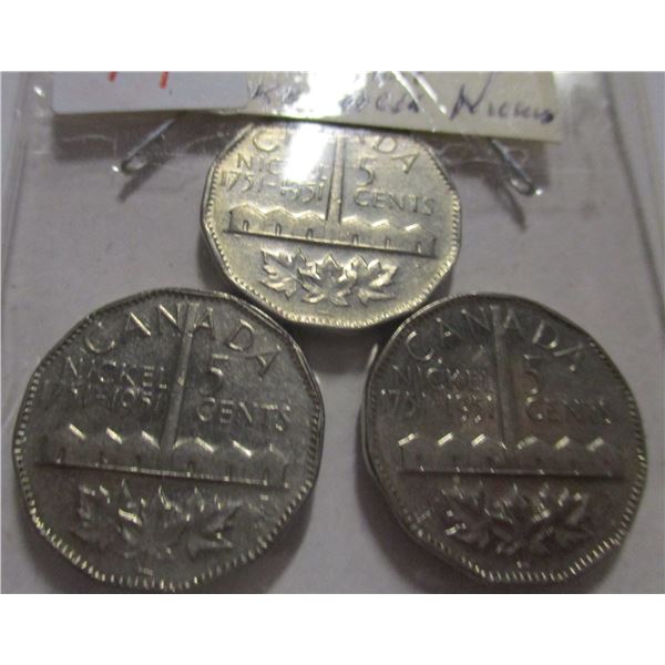 1751 - 1951 LOT OF 3 CANADA SMOKE STACK NICKELS