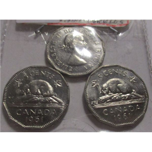 3 - 1961 CH/BU 12 SIDED CANADA NICKELS (65 YEARS OLD)