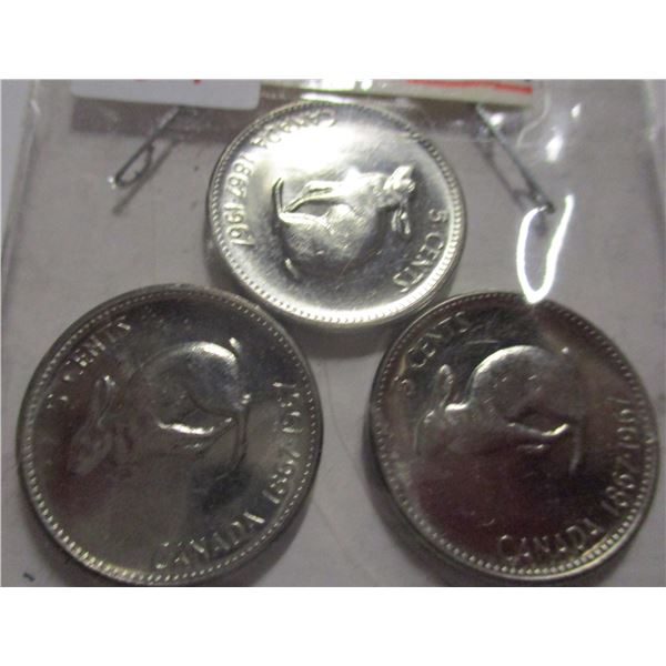 1867 - 1967 CH/BU SET OF 3 CENTENNIAL CANADA NICKELS