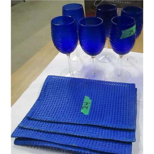 ESTATE:  BOX C/W 6 BLUE GLASSES & 2 PLACEMATS