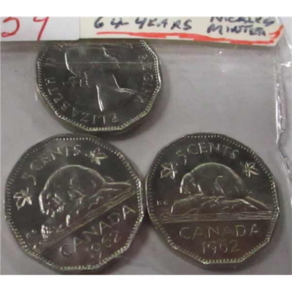 1962 LOT OF 3 CH/BU GEM CANADA NICKEL SET (64 YEARS)