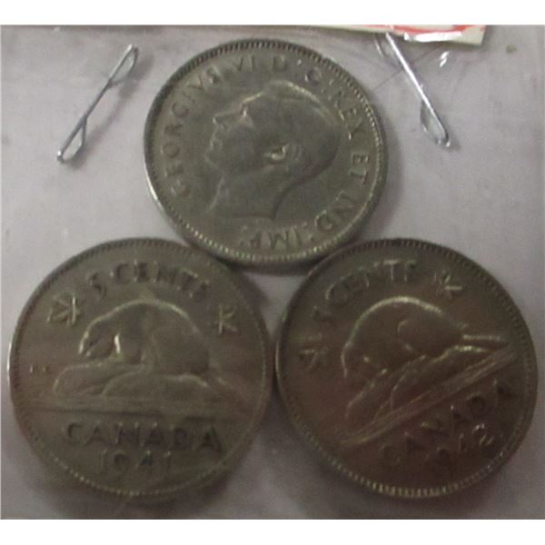 1940, 1941, & 1942 CANADA KING GEORGE VI NICKELS