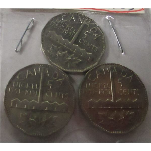 1751 - 1951 LOT OF 3 SMOKESTACK CANADA NICKELS