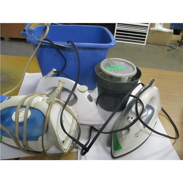 ESTATE:  BLUE BIN C/W 3 IRONS & MISC