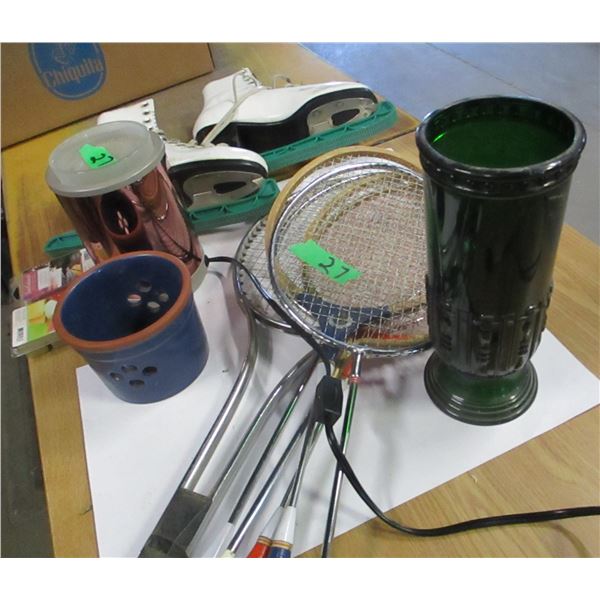 ESTATE:  POTPOURRI POTS, SKATES, RAQUETS, MISC