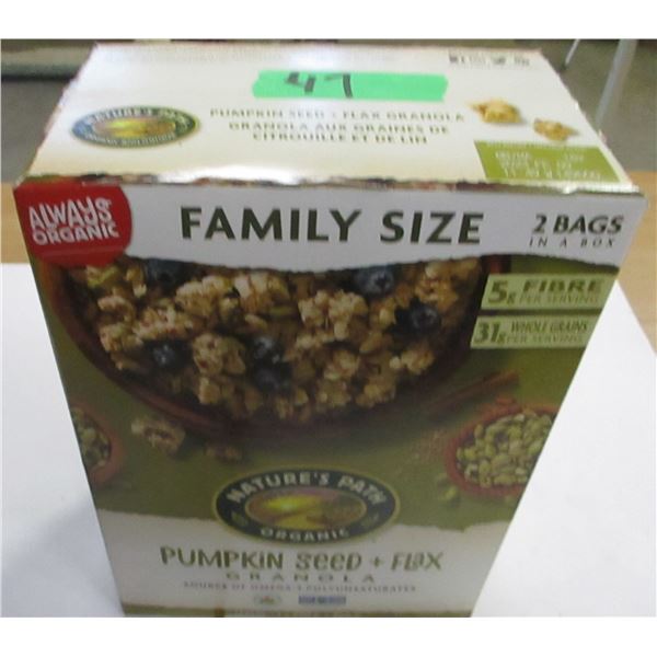 SHELF PULLS (AS IS):  NATURE'S PATH PUMPKIN SEED & FLAX GRANOLA - FAMILY SIZE BOX