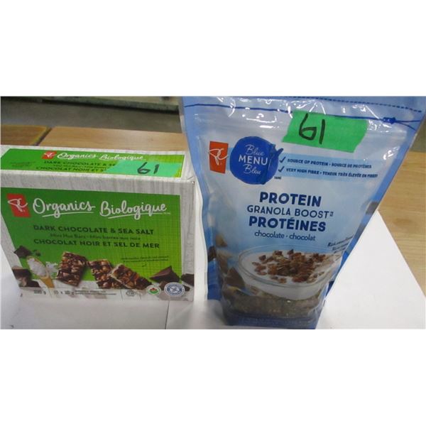 SHELF PULLS (AS IS):  PROTAIN GRANOLA (BAG) & DARK CHOCOLATE BARS (BOX)