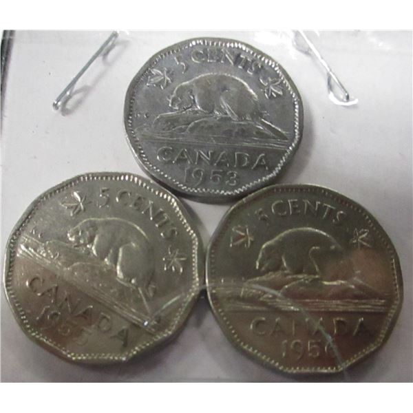 1953, 1955, 1956 CANADA 12 SIDED NICKEL SET