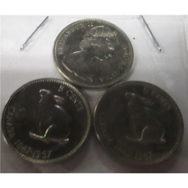 1867 - 1967 LOT OF THREE CENTENNIAL CANADA NICKELS