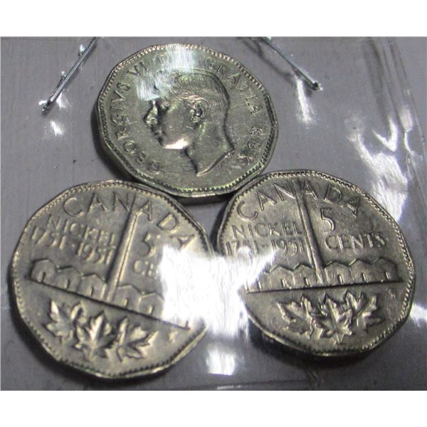 1751 - 1951 SET OF THREE SMOKESTACK CANADA NICKELS