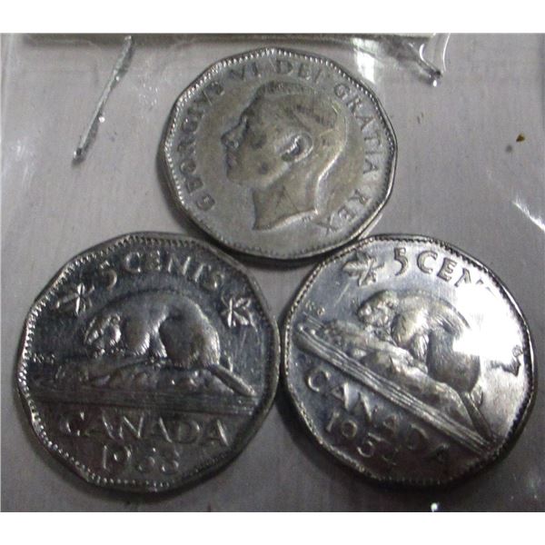 1952, 1953 & 1954 SET OF THREE 12 SIDED CANADA NICKELS