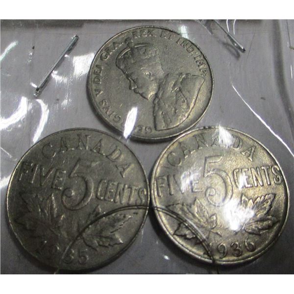 1934, 1935 & 1936 CANADA KING GEORGE V NICKEL SET