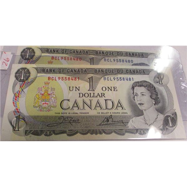 2 - 1973 CRISP UNCIRCULATED SEQUENTIAL SERIAL NUMBER CANADA $1 BILLS