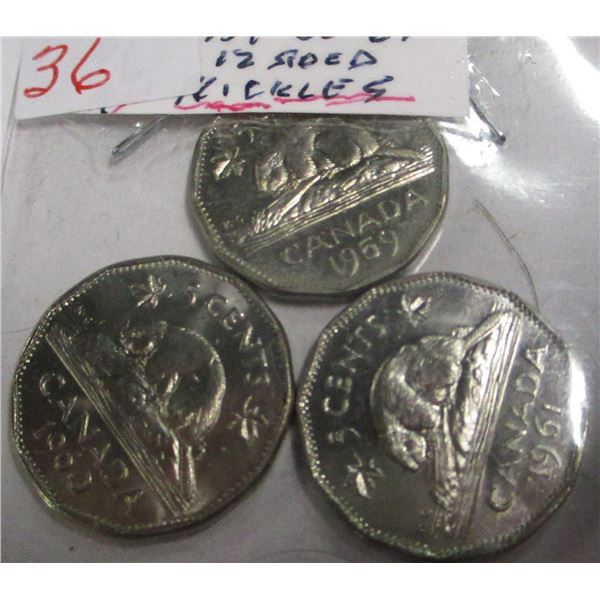 1959, 1960, & 1961 CANADA 12 SIDED NICKELS
