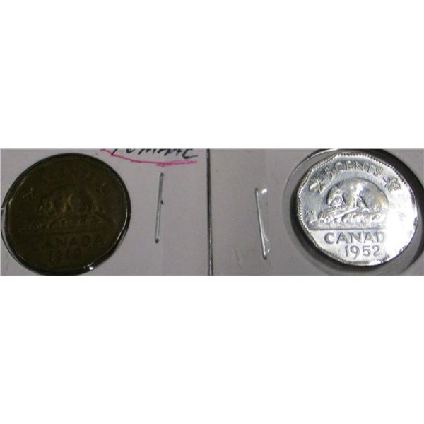 1942 TOMBAC WARTIME & 1952 BEAVER 12 SIDED CANADA NICKELS