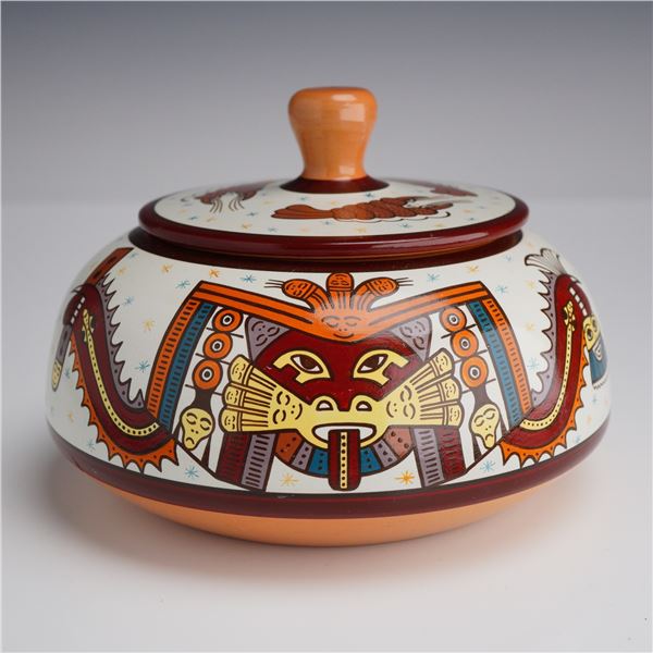 Peruvian Polychrome Hand-Painted Lidded Ceramic Jar by Barazorda