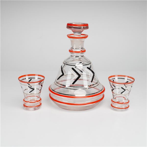 3pc Art Deco Enameled Glass Barware