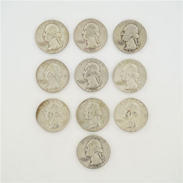 10pc Collection of US Silver Washington Quarters, 1942-1964