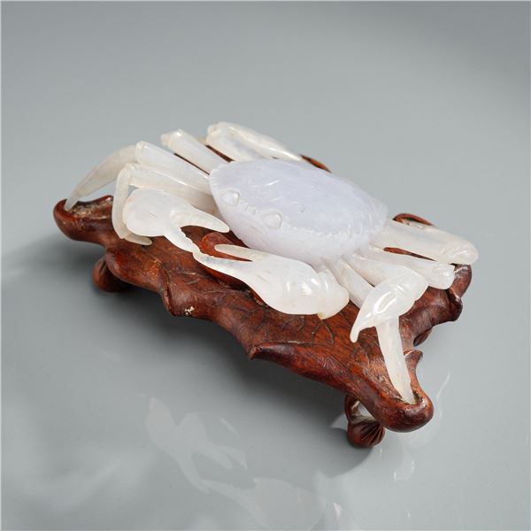 Carved White Stone Crab Figurine with Wooden Stand