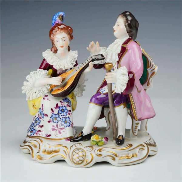 Volkstedt German Dresden-Style Lace Porcelain Courting Couple Figurine