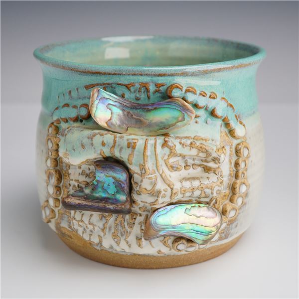 Contemporary Studio Pottery Stoneware Vessel with Abalone Shell Inlays
