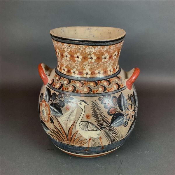 Large Hand Painted Mexican Tonala Style Burnished Pottery Olla Vase with Handles