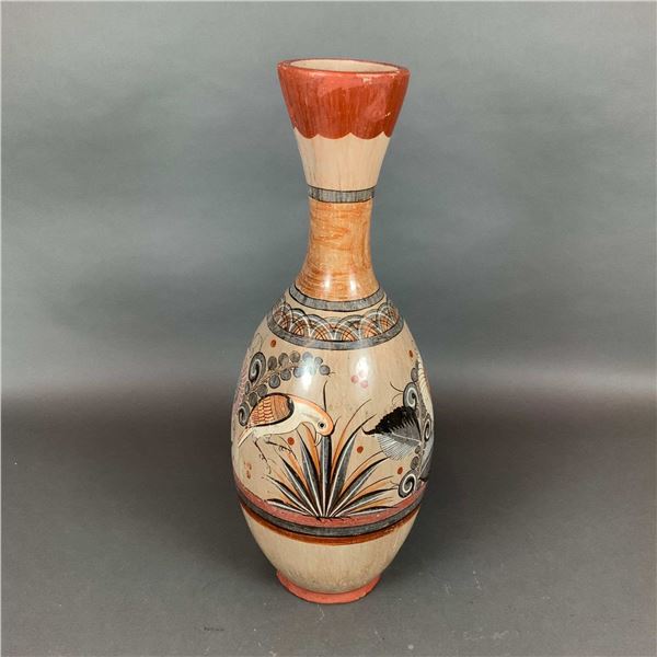 Mexican Tonala Hand Painted Burnished Earthenware Floor Vase with Bird Motifs
