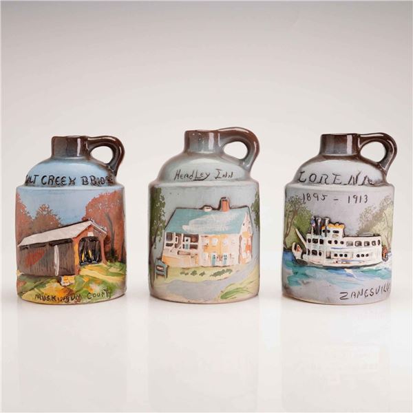 Three Wihoa Sands Art Pottery Stoneware Jugs Featuring Salt Creek Bridge, Headley Inn, and Lorena