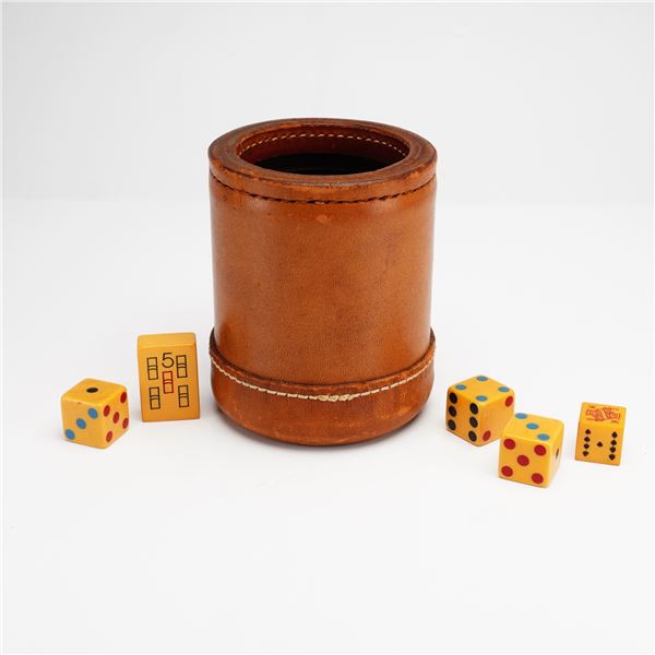 6pc Vintage Leather Dice Cup and Gaming Piece Set