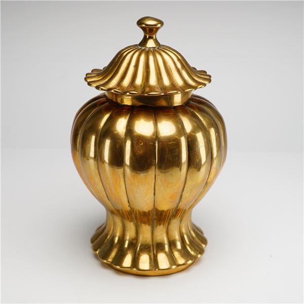 Lidded Brass Jar with Ribbed Decoration