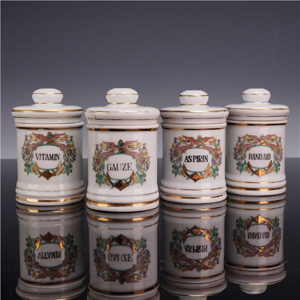 Lot of Four Vintage Porcelain Apothecary Pharmacy Lidded Jars