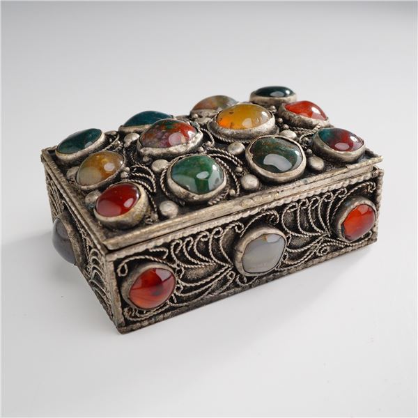 Ornate Filigree White Metal Trinket Box with Mixed Gemstones