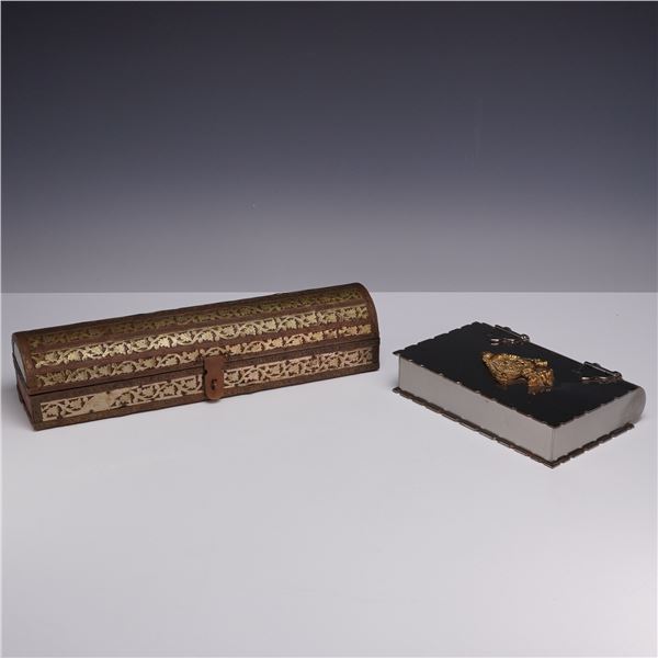 Two Storage Boxes including Brass Qalamdan and Italian Book-form