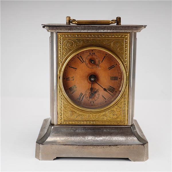 German Nickel-Plated Carriage Alarm Clock Early 20th Century