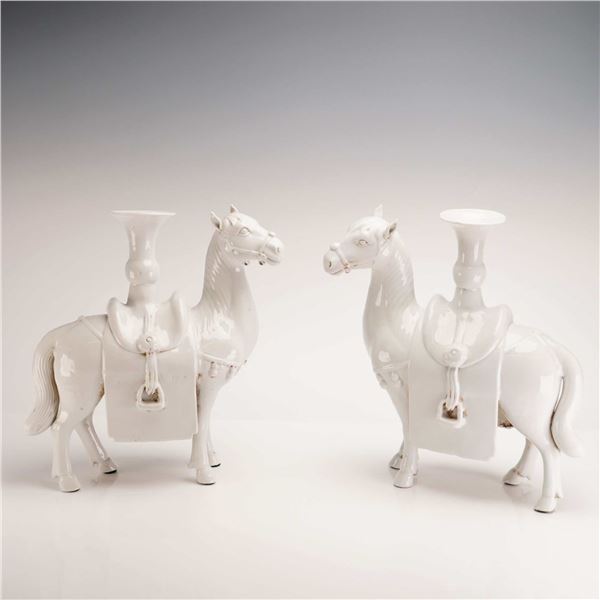 Pair of White Glazed Ceramic Figural Horse Candle Holders