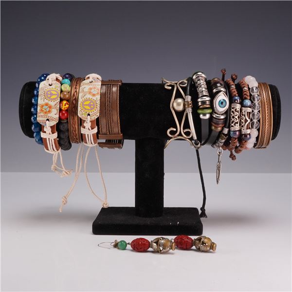14pc Costume Jewelry Collection Including 12 Bohemian Style Bracelets and a Pair of Earrings