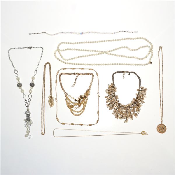 Gold and Silver-Tone Fashion Jewelry, Nine-Piece Necklace Lot, Faux Pearl and Rhinestone Accents
