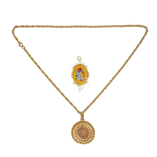 Two Jewelry Items Including an Indian Head Cent Necklace and a Micro-Mosaic Pendant