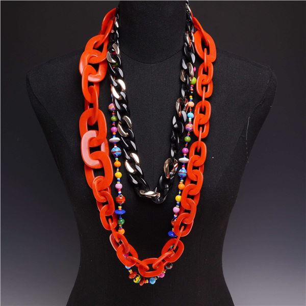 Three Piece Collection of Costume Jewelry Necklaces Including Acrylic Curb Link and Multi-Colored Be